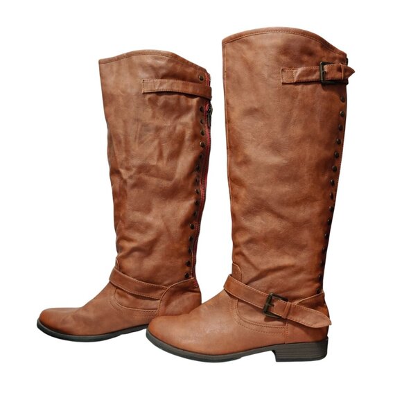 Bamboo Montage 10 Womens Boots Brown Knee High Faux Leather Buckle Stud Lined - Picture 15 of 15